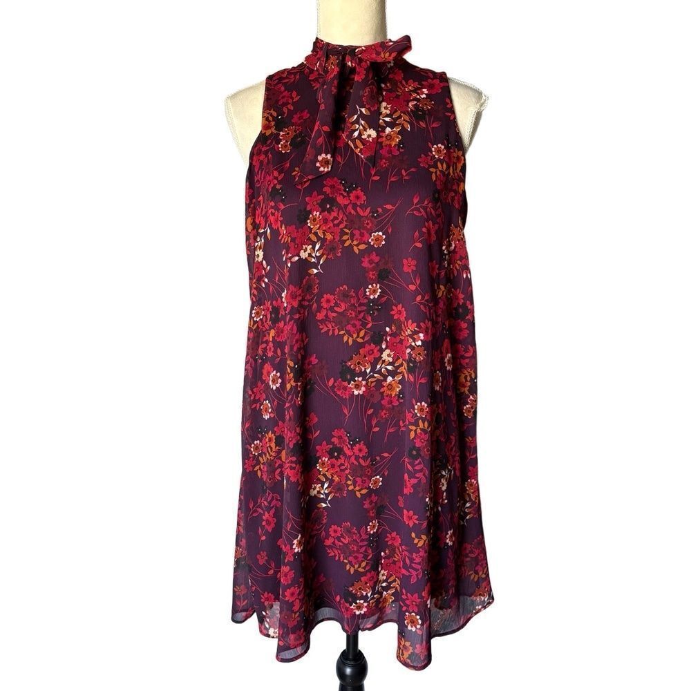 CALVIN KLEIN Dress Size 8 Dark Purple Floral Mock Neck Sleeveless Romantic Chic